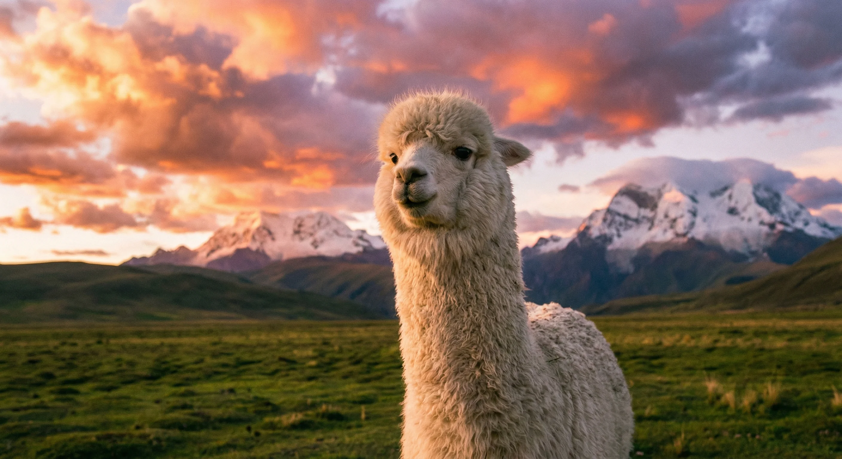 Alpaca en las tierras altas andinas al atardecer